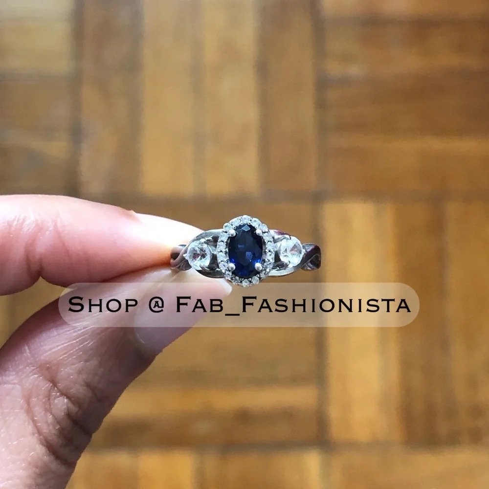 Sapphire Blue White Sterling Silver Ring size 5